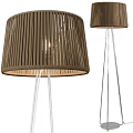 Two Modern Floor Lamps With Brown Striped Shades And White Slim Metal Stands