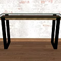 Modern Console Table with Glass Top Wooden Frame and Black Metal Legs in Brick Wall Setting