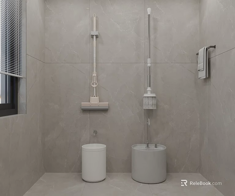 Bathroom Interior With Light Tile Walls White Toilet Cleaning Tools And Towel Rack 3d model 