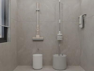 Bathroom Interior With Light Tile Walls White Toilet Cleaning Tools And Towel Rack 3d model