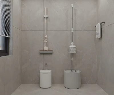 Bathroom Interior With Light Tile Walls White Toilet Cleaning Tools And Towel Rack 3d model