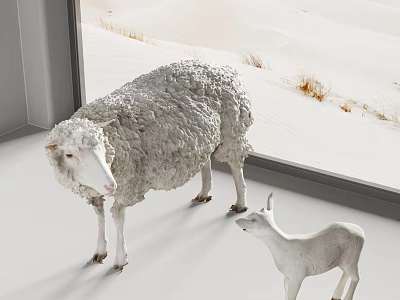 White Reptile And Juvenile Standing By Window With Snowy View Outside 3d model
