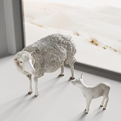 White Reptile And Juvenile Standing By Window With Snowy View Outside 3d model