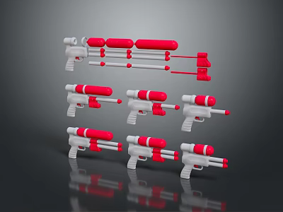 Red and White Toy Gun Models Arranged in Multiple Rows on Reflective Surface 3d model