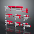 Red and White Toy Gun Models Arranged in Multiple Rows on Reflective Surface