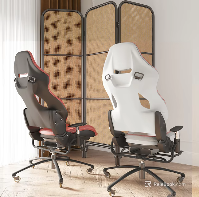 Two Modern Office Chairs Black White With Red Accents Ergonomic Design Wicker Screen Background 3d model 