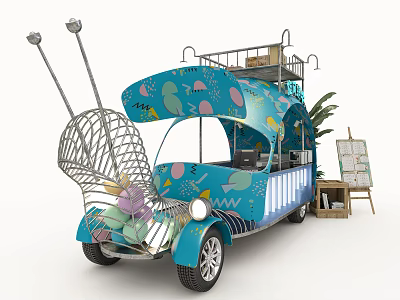 Blue Floral Decorated Mobile Utility Vehicle With Roof Rack And Easel 3d model