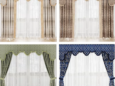 Various Colored Curtains With Lace Panels And Decorative Valance Designs 3d model