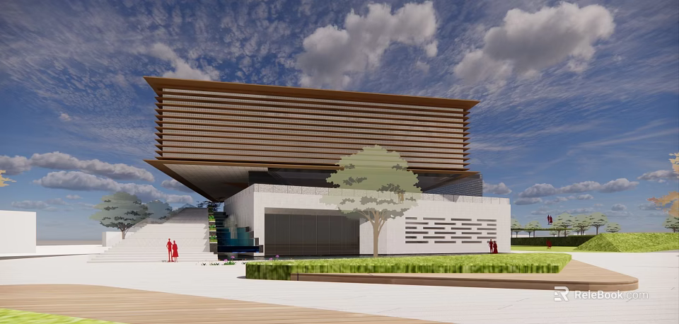 Modern Sales Office Building With Horizontal Lines Roof Design Front Steps And Green Plants 3d model 