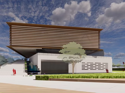 Modern Sales Office Building With Horizontal Lines Roof Design Front Steps And Green Plants 3d model