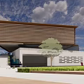 Modern Sales Office Building With Horizontal Lines Roof Design Front Steps And Green Plants