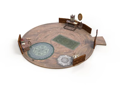 Architectural Interior Design With Circular Wooden Floor Round Square Rugs Furniture And Mirror 3d model
