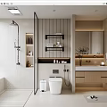 Modern Bathroom Interior With Open Shower White Toilet Wooden Cabinets Marble Countertop Mirror And Plants
