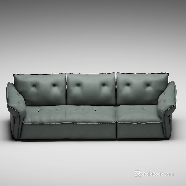 Modern Minimalist Gray Three Seater Sofa With Button Tufted Back And Stitched Detailing 3d model