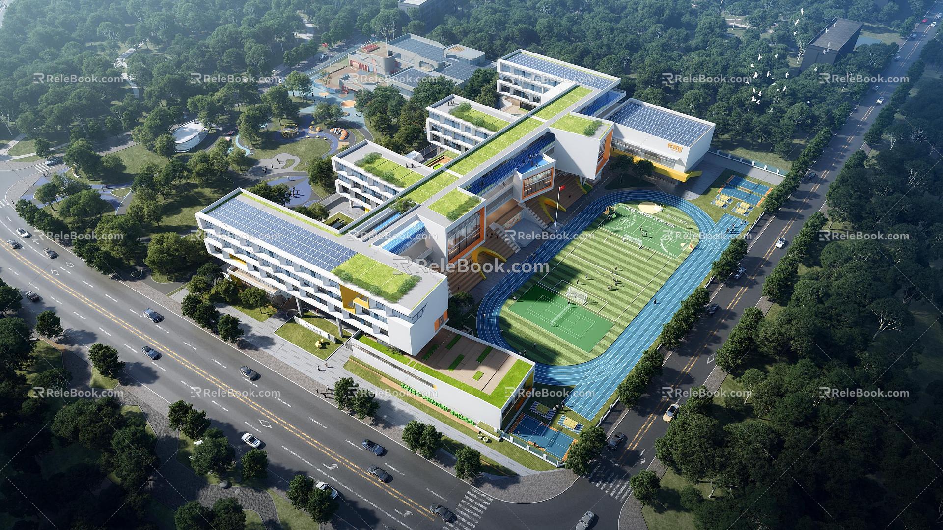 Modern style primary and secondary school teaching building wind and rain playground sports ground 3d model