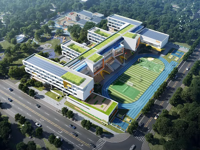Modern School Building With Green Roof Sports Field And Surrounded By Lush Trees 3d model