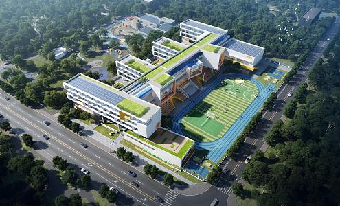 Modern style primary and secondary school teaching building wind and rain playground sports ground 3d model