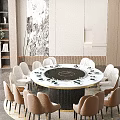 Modern Round Dining Table Set With Marble Top And Eight Beige Chairs On Rug