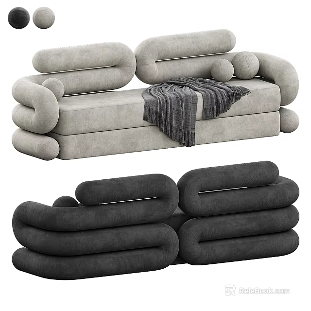 Modern Double Sofa With Curved Shape Light And Dark Gray Throw Blanket And Pillows 3d model 