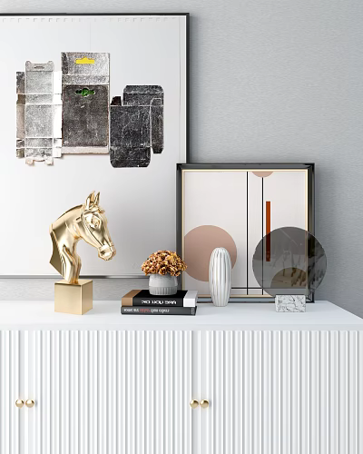 Decorative Ornaments Set With Golden Horse Head Dried Flowers Vase And Painting 3d model