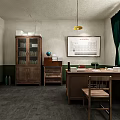 Vintage Office Interior With Wooden Desk Chairs Globe Calendar Blackboard And Green Curtains