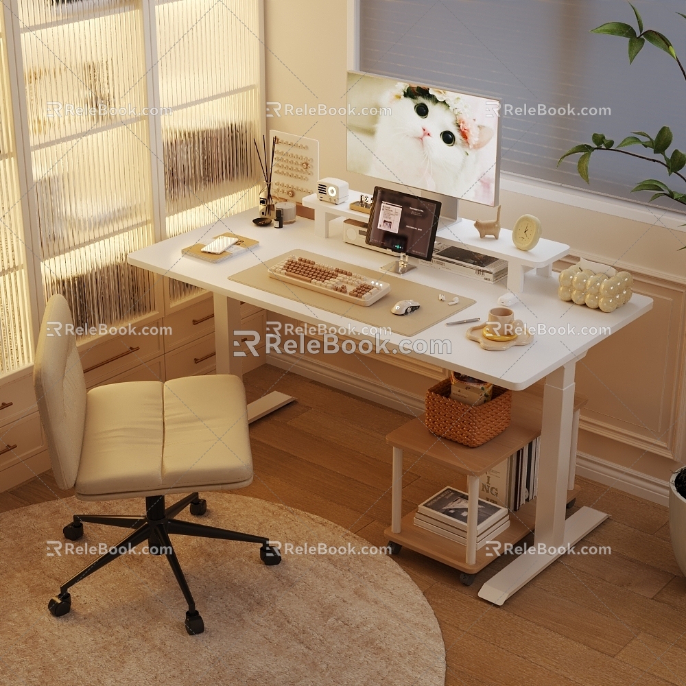 Cream Style Study Desk Chair Bookcase Under Table Cabinet Decoration Keyboard Computer Coffee 3d model