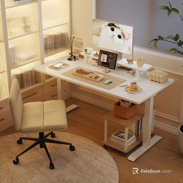 Modern Study Room With White Desk Computer Monitor Table Lamp And Beige Office Chair 3d model 