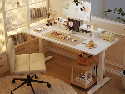 Modern Study Room With White Desk Computer Monitor Table Lamp And Beige Office Chair 3d model