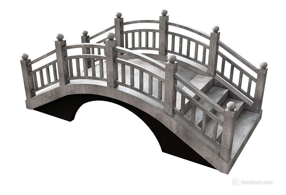 Traditional Stone Landscape Bridge With Arched Structure Ornate Railings And Steps 3d model 