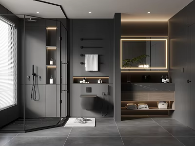 Modern Gray Bathroom Interior Design With Glass Shower Enclosure Backlit Mirror Vanity And Storage Cabinets 3d model