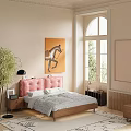 Cozy Bedroom Interior With Pink Tufted Headboard Gray Comforter Horse Painting Green Plant And Window