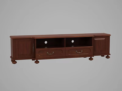 Dark Brown Wooden TV Stand with Drawers Cabinet Doors and Decorative Legs 3d model