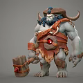 Horned Muscular Mythical Game Movie Character With Orange Armor Axe Clawed Feet And Red Gem
