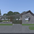 Modern Pergola with Curved Roof Circular Window Design Surrounded by Greenery Trees on Stone Pavement
