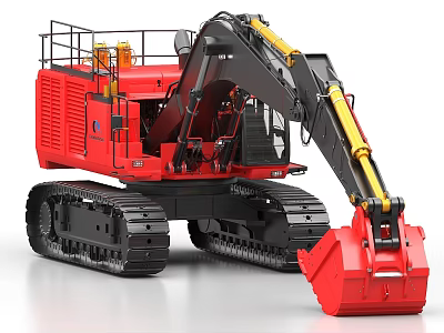 Red Industrial Excavator With Tracked Undercarriage And Heavy Duty Front Bucket 3d model