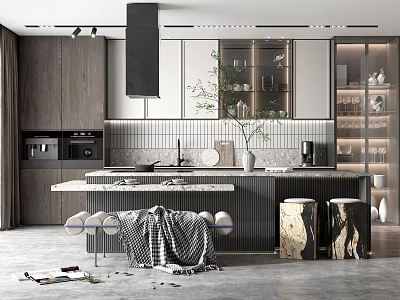 Modern Kitchen With Wooden Cabinets Marble Island Stools And Decorative Plant Lighting 3d model