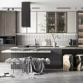 Modern Kitchen With Wooden Cabinets Marble Island Stools And Decorative Plant Lighting
