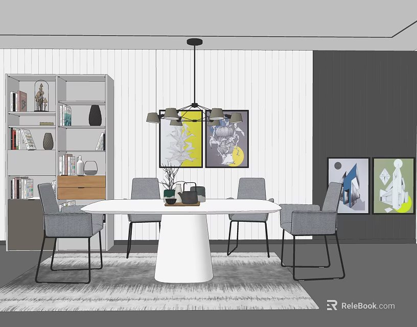 Modern Dining Table Set With White Round Table Gray Chairs Hanging Light Wainscoting And Artwork 3d model