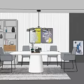 Modern Dining Table Set With White Round Table Gray Chairs Hanging Light Wainscoting And Artwork 3d model