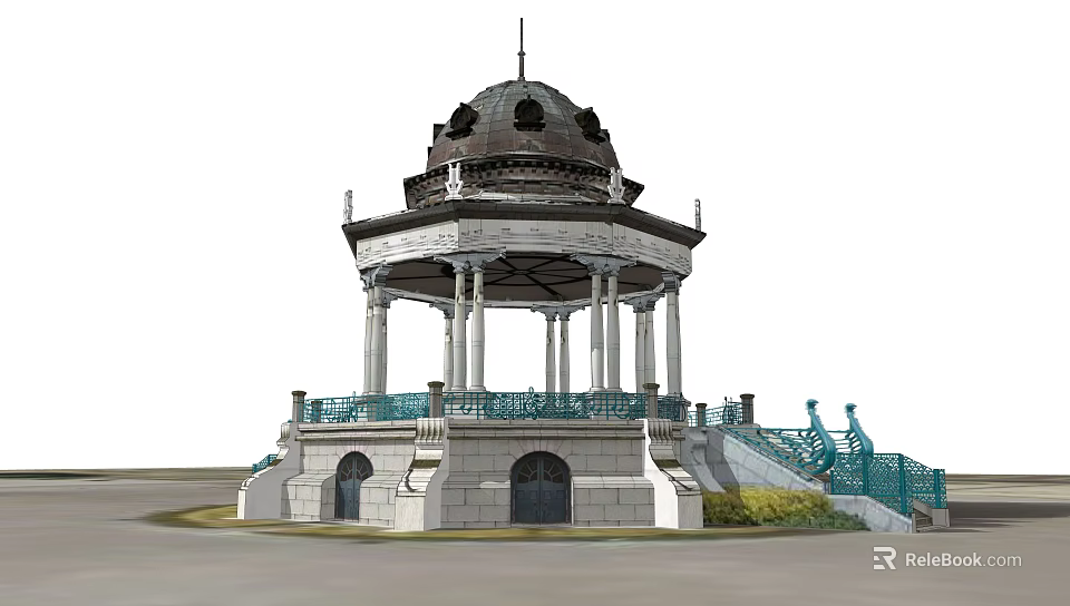 Ornate Classical Gazebo Design With Dome Columns Stone Steps And Railings 3d model 