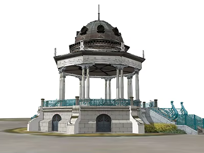 Ornate Classical Gazebo Design With Dome Columns Stone Steps And Railings 3d model