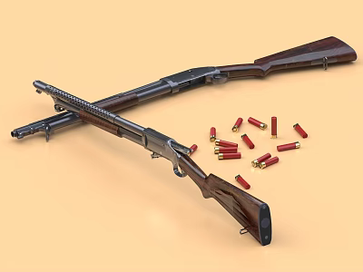Classic Crossed Firearms Design With Wooden Stocks And Scattered Red Bullets 3d model Classic Crossed Firearms Design With Wooden Stocks And Scattered Red Bullets 3d model
