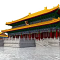 Traditional Chinese Ancient Architecture Featuring Yellow Roof Red Pillars Green Decorations And Stone Platform Steps