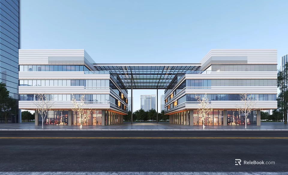 Modern Office Building Two Buildings With Glass Curtain Walls Connecting Corridor Spacious Plaza And Road 3d model 