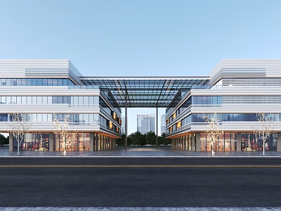 Modern Office Building Two Buildings With Glass Curtain Walls Connecting Corridor Spacious Plaza And Road 3d model