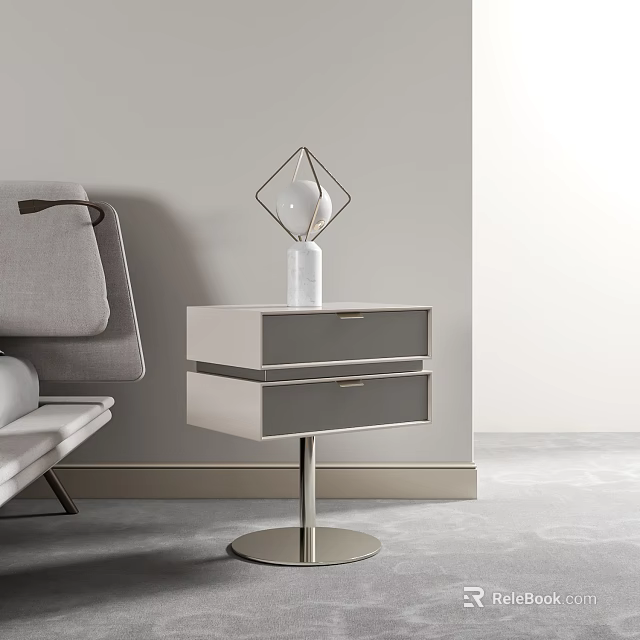 Modern Bedside Table With Two Drawers Metal Base And Geometric Table Lamp In Minimalist Interior 3d model 