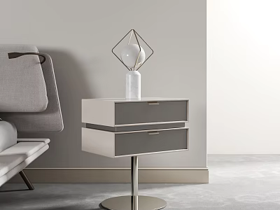 Modern Bedside Table With Two Drawers Metal Base And Geometric Table Lamp In Minimalist Interior 3d model