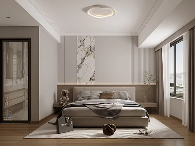 Modern Bedroom Interior With Comfortable Bed Marble Wall Art Nightstands Rug And Wooden Flooring 3d model