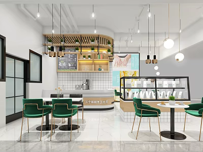 Bright Modern Dessert Shop Interior With Green Chairs White Tables Hanging Lights And Plants 3d model