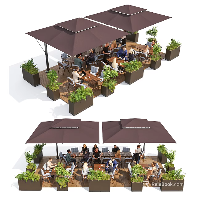 Cozy Outdoor Table Setting With Umbrellas Green Plants And Seating For Dining 3d model